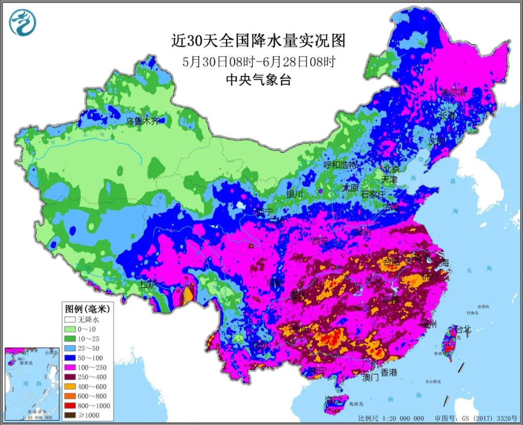 ▲圖為近30天全國降水實況圖。來源：中央氣象臺