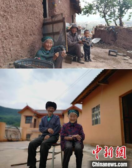 上圖為甲甲溝村村民羅木你坡夫婦所住的舊房，下圖為夫婦倆遷入的新居。(拼版圖) 張浪 攝