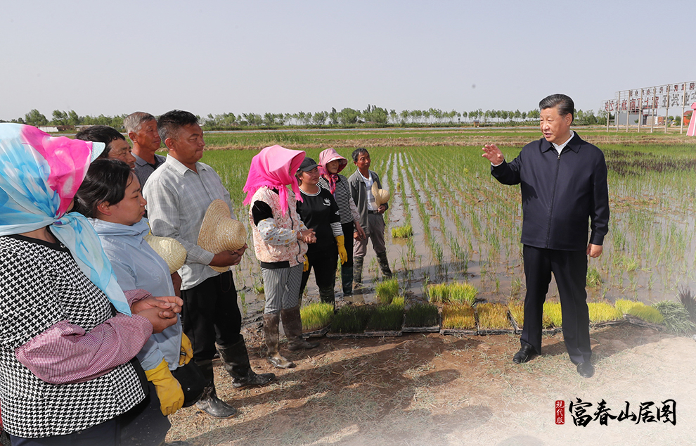 2020年6月9日，習(xí)近平在寧夏回族自治區(qū)銀川市賀蘭縣稻漁空間鄉(xiāng)村生態(tài)觀光園，同正在勞作的村民親切交談。